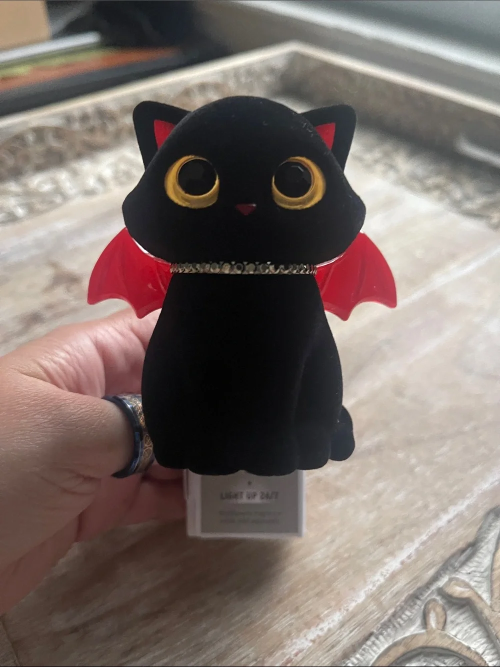 Black Velvet Cat with Red Bat Wings and Rhinestone Collar Wallflower Plug In